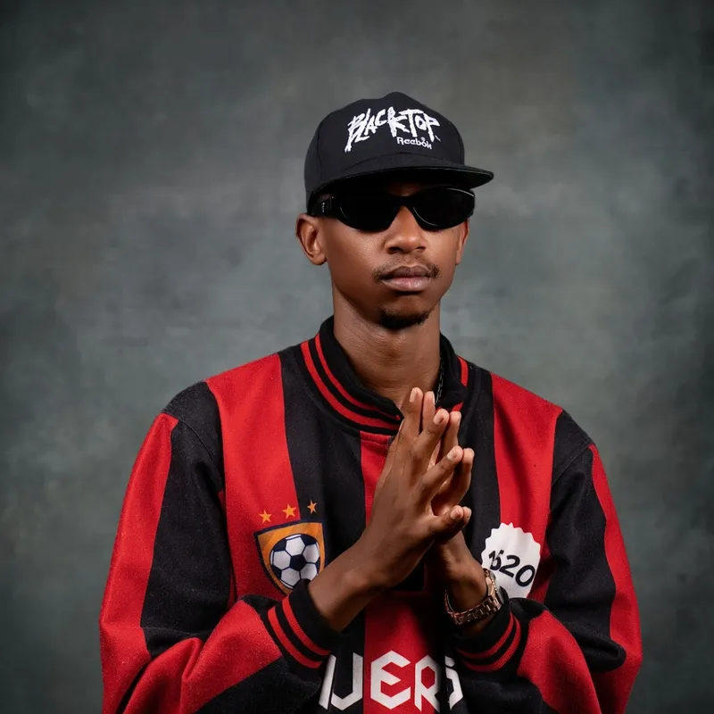 Scotts Maphuma in a black cap and sunglasses, hands together, wearing a red and black striped jersey